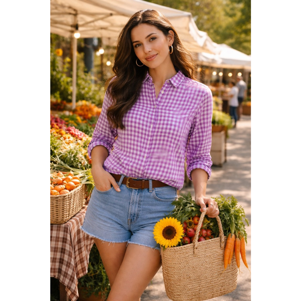 Women's J.CREW Purple White Gingham Button Down Shirt Size 4